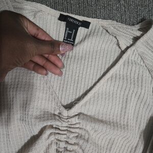 Forever‎ 21 Ruched Drawstring Crop Top | Waffle Knit V-Neck Blouse | Beige/Cream